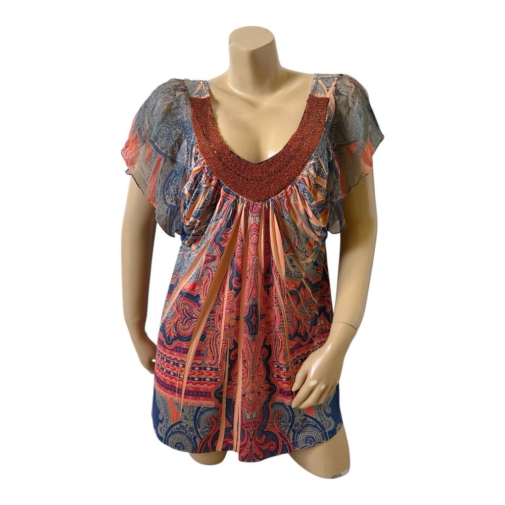 Live and Let Live Paisley Tunic Top Womens Plus 1X Beaded Flutter Sleeve Boho